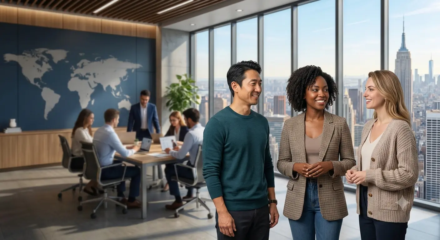 Profesionales internacionales conversando sobre su estrategia de visa EB-1 en una oficina de Nueva York con vista al Empire State