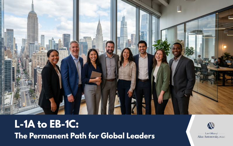 a group of executives smiling for a team photo in an NYC office