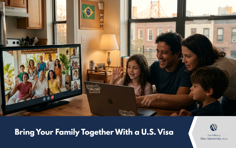 a Brazilian family in NYC having a video call with the rest of the family in Brazil